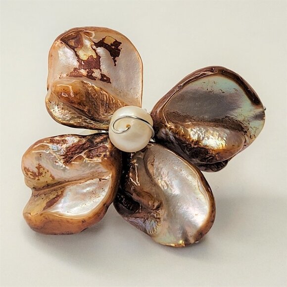 Brown Sea Shell Freshwater Pearl Bead Asymmetric Flower Adjustable Ring - Picture 2 of 13